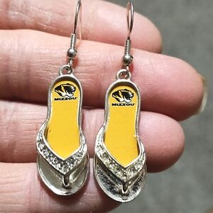 MISSOURI TIGERS DARK YELLOW CRYSTAL PAVE SILVER-TONE FLIP FLOP HOOK 2" EARRINGS